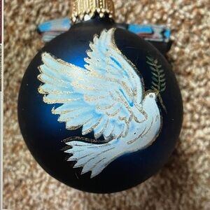 VTG Blue Glass KREBS CHRISTMAS ORNAMENT White Dove Bird 2"